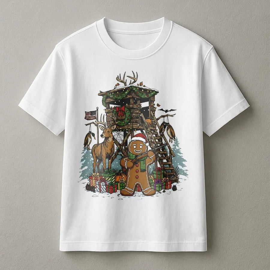 Gingerbread Man Hunting T-Shirt | Funny Christmas Deer Hunting Scene | Premium Soft Cotton Graphic Tee | Unique Gift for Hunters & Outdoorsmen