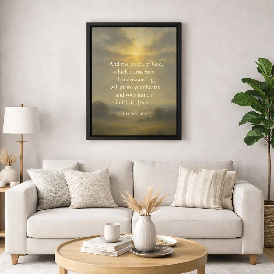 Philippians 4:7 Bible Verse Canvas | Religious Wall Art with Sunlit Landscape | Premium Fade-Resistant Print | Spiritual Home Decor Gift