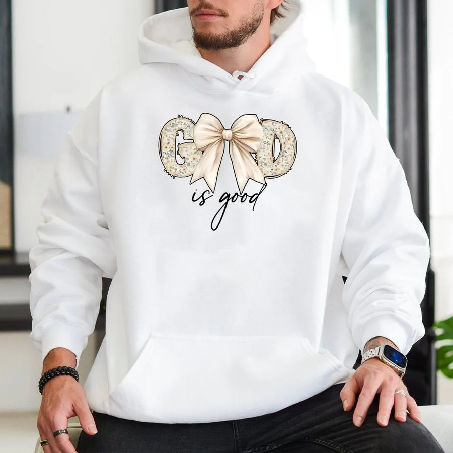 God Is Good Hoodie | Floral Lettering With Elegant Bow Graphic | Premium Soft Cotton Blend | Faith Based Christian Gift For Women & Teens