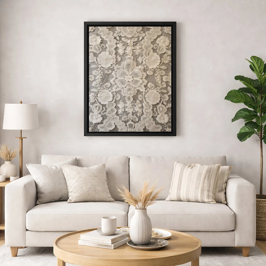 Vintage Floral Lace Canvas Wall Art | Cream Botanical Pattern | Premium 1.25-Inch Gallery Wrap | Elegant Neutral Home Decor for Living Room