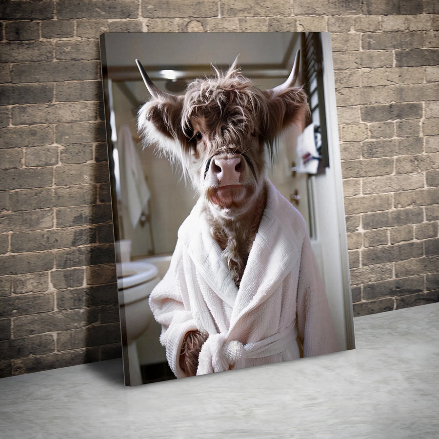 Funny Highland Cow Canvas Wall Art | Cow in Bathrobe Portrait, Quirky Bathroom Decor | Premium Gallery Wrapped Canvas | Housewarming Gift for Animal Lovers