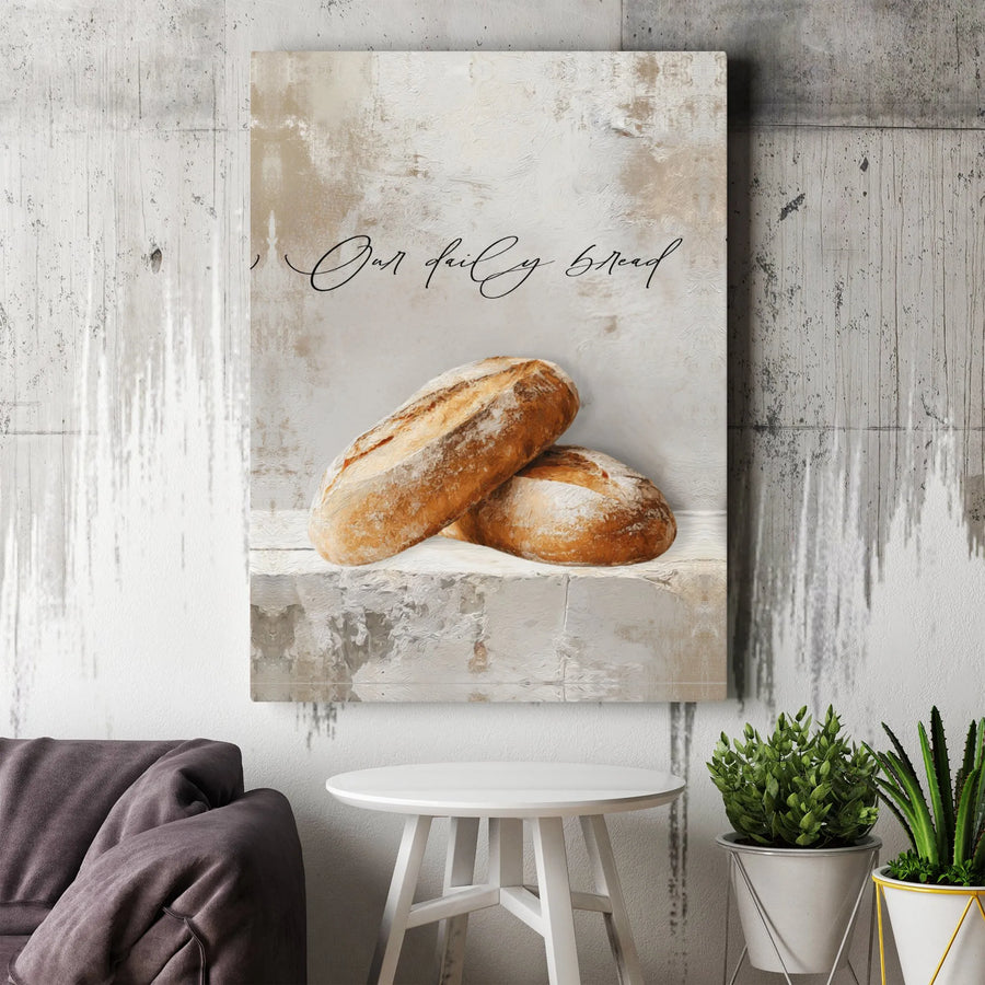 Our Daily Bread Canvas Print | Lords Prayer Scripture Wall Art with Rustic Bread | Gallery-Quality Canvas | Christian Farmhouse Kitchen Decor