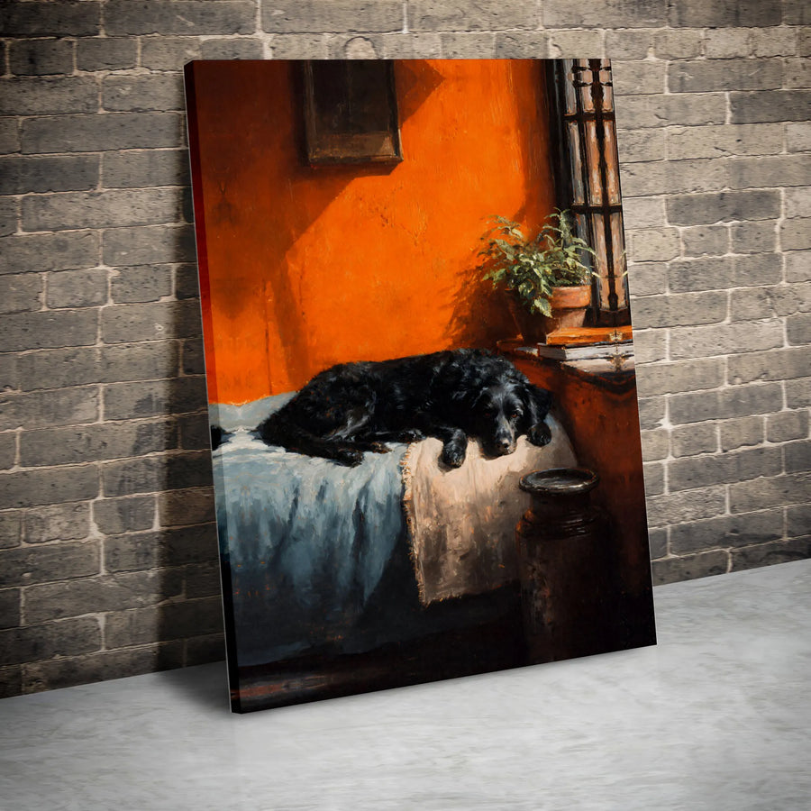 Black Dog Oil Painting Canvas | Resting Dog Sunlit Room Wall Art | Premium Gallery-Wrapped Print | Cozy Home Decor Gift for Dog Lovers