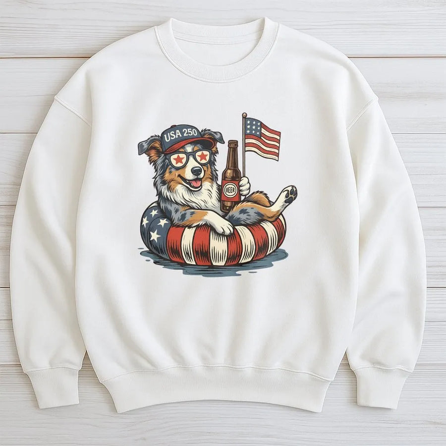 USA 250th Anniversary Dog Sweatshirt | Patriotic Aussie Shepherd with American Flag | Premium Unisex Pullover | Independence Day Gift for Dog Lover