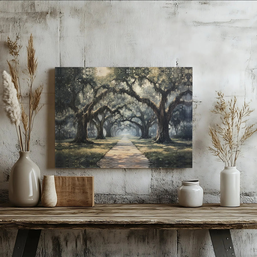 Southern Live Oak Tree Path Horizontal Canvas | Spanish Moss Forest Landscape Painting | Premium 1.25" Gallery Wrap Art | Serene Nature Wall Decor Gift