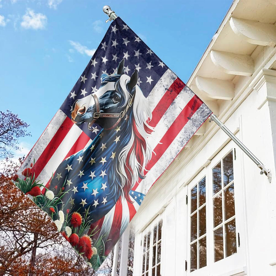 American Horse Garden Flag | Patriotic Stallion Red White Blue Floral Design | Premium Fade-Resistant Polyester | Outdoor Garden Decor Gift for Horse Lovers