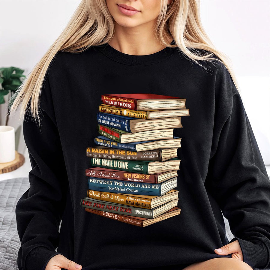 Black History Books Sweatshirt | Literary Stack Reading Graphic | Premium Cotton Blend Crewneck | Gift for Readers and Teachers