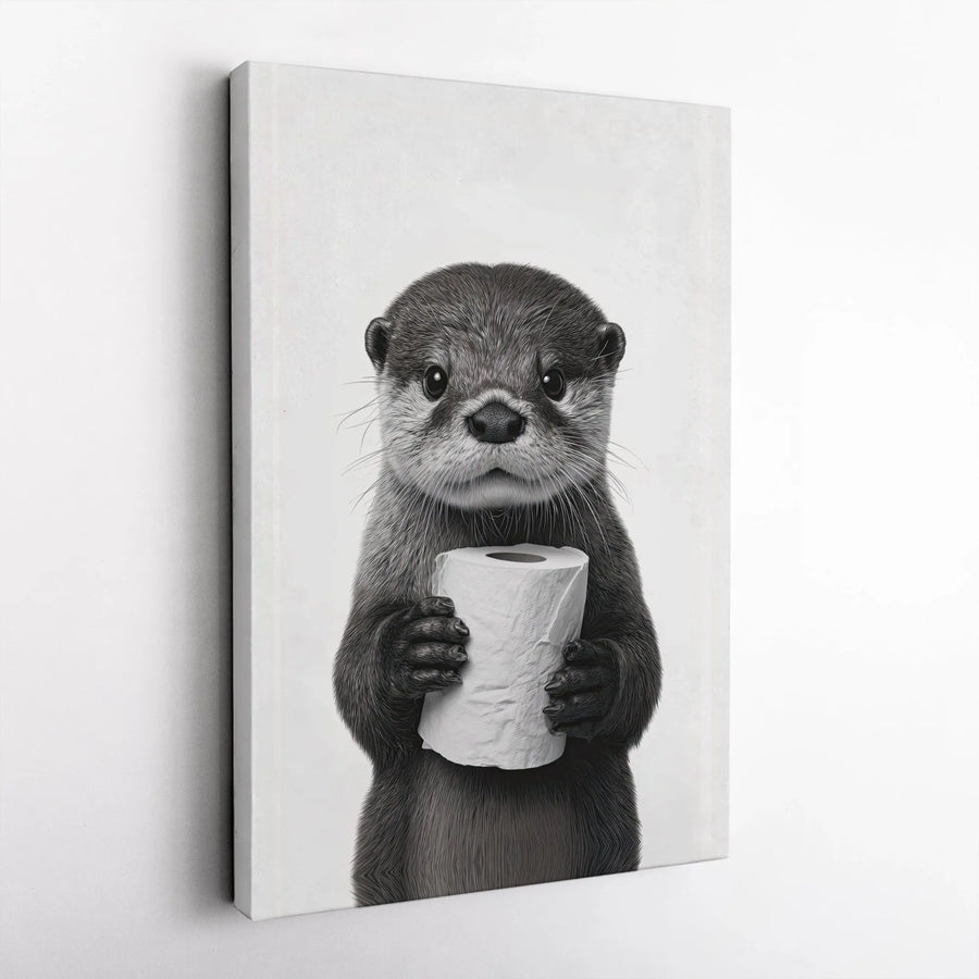 Funny Otter Bathroom Canvas | Cute Animal Holding Toilet Paper | Premium Gallery Wrap | Whimsical Restroom Decor Gift
