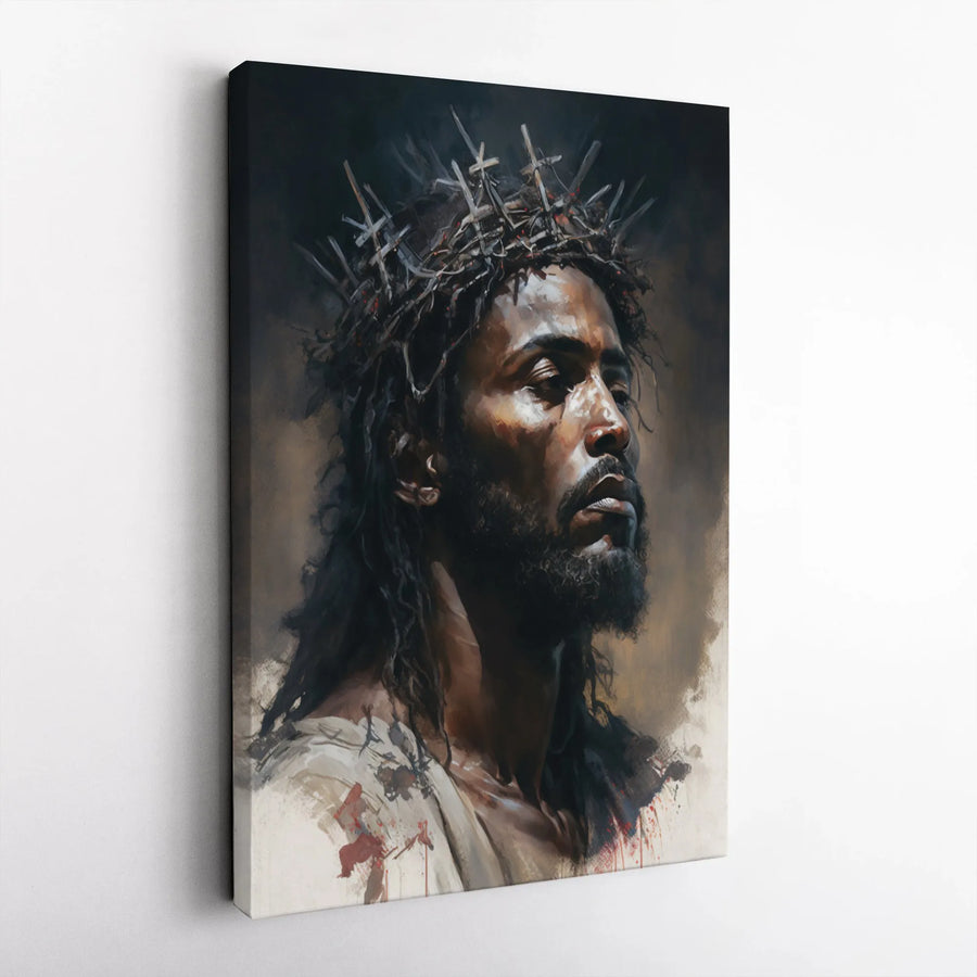 Black Jesus Canvas Wall Art | African American Christian Art with Crown of Crosses | Premium High-Resolution Print | Inspirational Religious Home Decor Gift