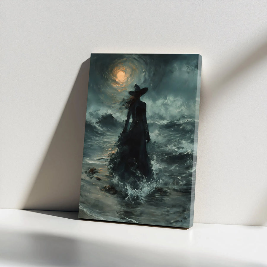 Storm Witch Canvas Wall Art | Dark Ocean Seascape Painting | Premium Gallery Wrapped Canvas | Gothic Home Decor Gift