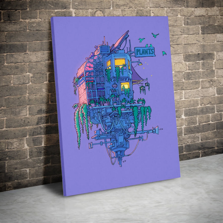 Sci-Fi Plant Station Vertical Canvas | Vibrant Floating Botanical Outpost Art | Premium Gallery Wrapped Canvas | Gift for Gamer and Plant Lovers