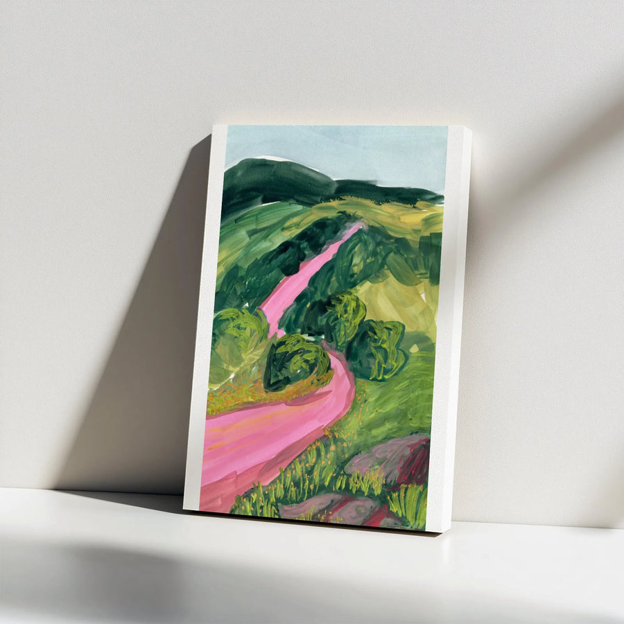 Abstract Landscape Canvas Print | Vibrant Pink Road Through Green Hills Art | Premium Thick Canvas | Modern Living Room & Office Decor Gift