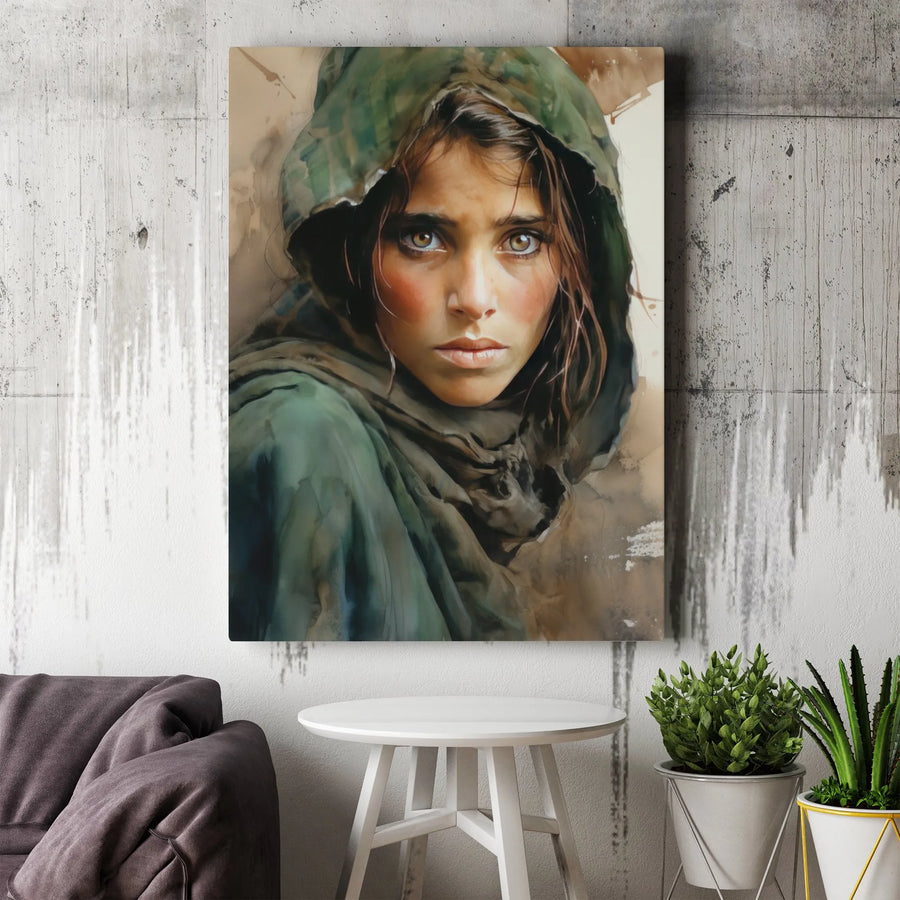 Girl Portrait Canvas Print | Intense Eyes Watercolor Wall Art | Premium Fade-Resistant Gallery Wrap | Modern Home Decor for Living Room