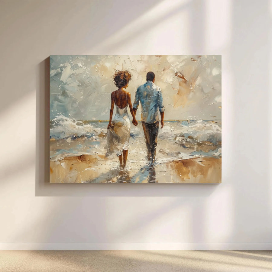 Black Couple Beach Canvas Art | Romantic Ocean Shore Impressionist Print | Gallery Wrapped 1.25" Wooden Frame | Anniversary Gift for Home Decor