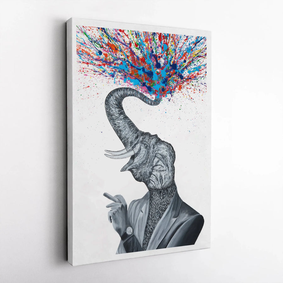 Elephant In Suit Canvas Print | Abstract Paint Splash Pop Art | Premium Gallery Wrapped Wall Decor | Unique Office & Home Gift