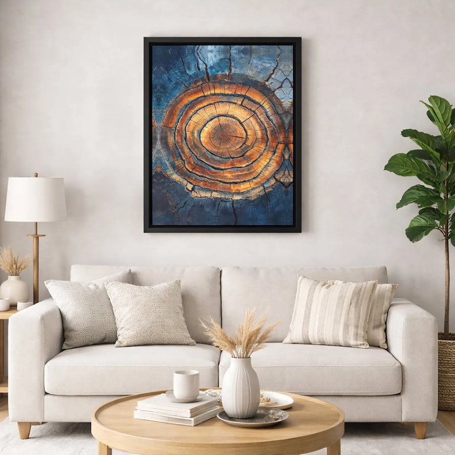 Abstract Tree Rings Wall Art | Blue and Orange Wood Grain Canvas | Premium Gallery-Wrapped Decor | Modern Home Office Statement Piece