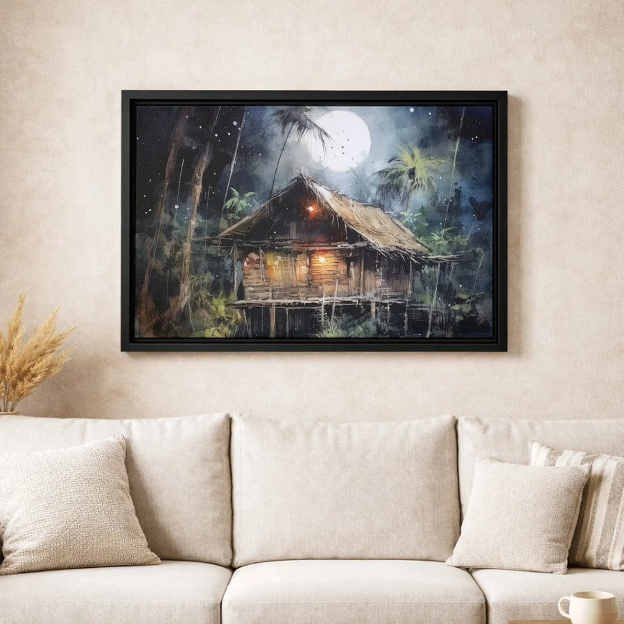 Jungle Hut Canvas Wall Art | Moonlight Tropical Landscape Painting | Premium Gallery-Wrapped Print | Atmospheric Home Decor Gift