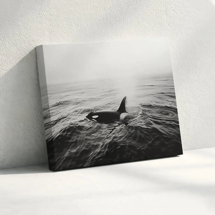 Orca Whale Canvas Wall Art | Moody Black and White Foggy Ocean Print | Premium Gallery-Wrapped Decor | Nature Wildlife Home Office Gift