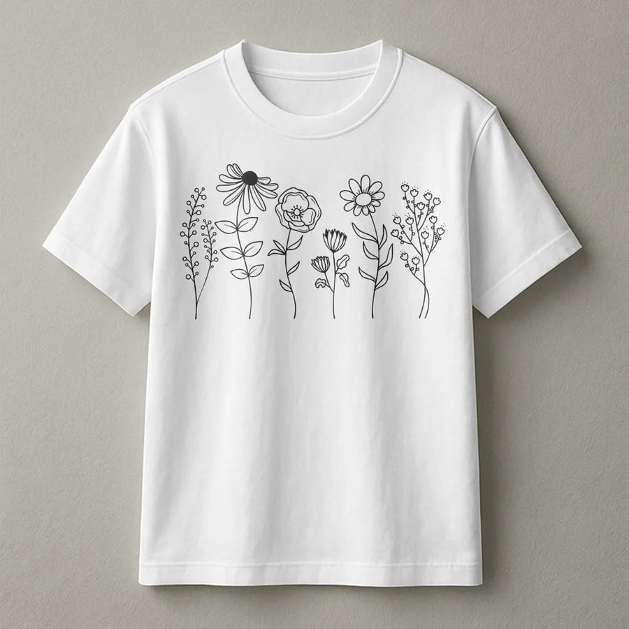 Wildflower T-Shirt | Minimalist Botanical Line Art | Soft Cotton Blend | Cottagecore Aesthetic Gift for Her