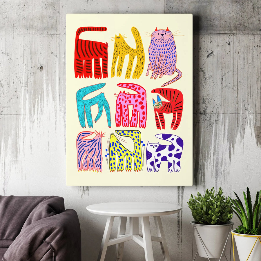 Colorful Whimsical Cat Art Print | Modern Abstract Feline Illustration | Premium Gallery Wrapped Canvas | Quirky Home Decor Gift for Cat Lovers