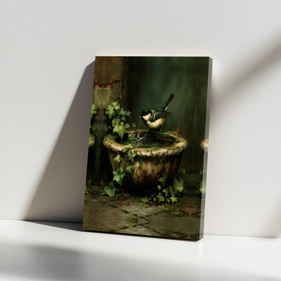 Bird Bath Canvas Wall Art | Classical Great Tit Bird Painting | Premium Gallery-Wrapped Print | Elegant Nature Home Decor Gift