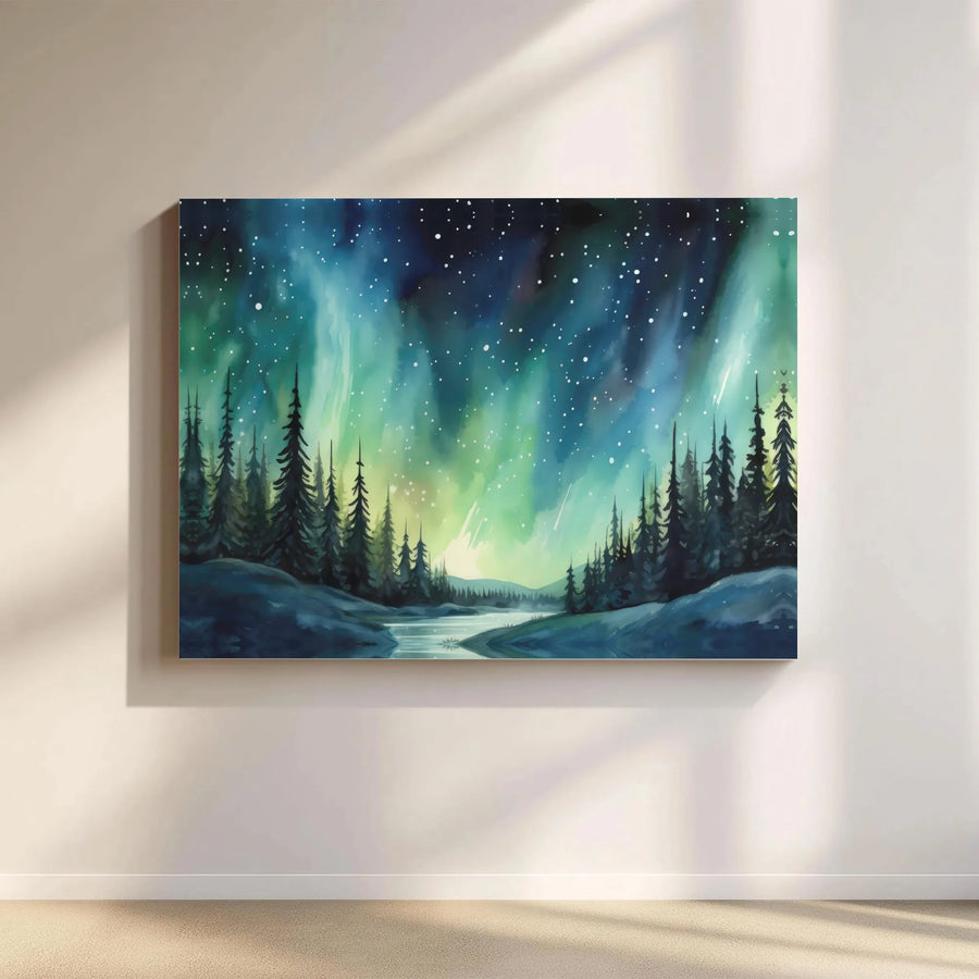 Northern Lights Canvas Wall Art | Aurora Borealis Pine Forest Landscape | Premium Gallery Wrap 1.25" Depth | Ready to Hang Nature Home Decor