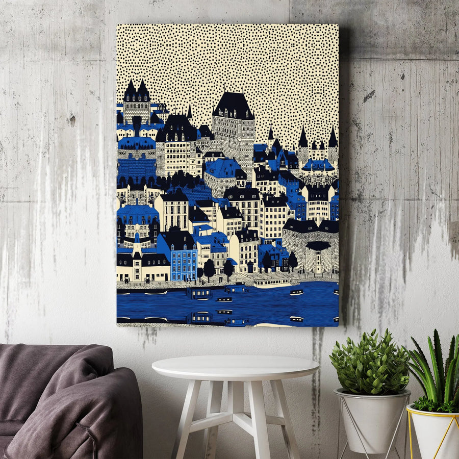 Quebec City Canvas Wall Art | Stylized Graphic Cityscape Print | Premium Gallery Wrapped Canvas | Canada Travel Souvenir Gift for Home Decor
