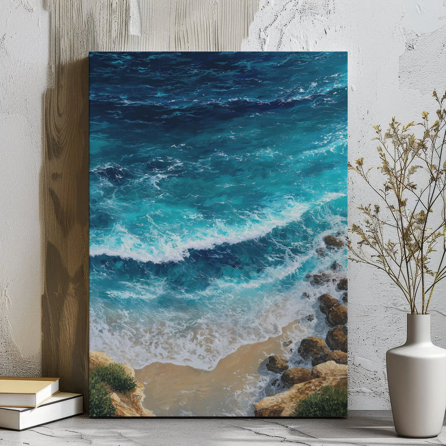 Ocean Waves Wall Art | Aerial Coastal Beach Painting | Gallery Wrapped 1.25 Inch Canvas | Tropical Seascape Decor for Living Room