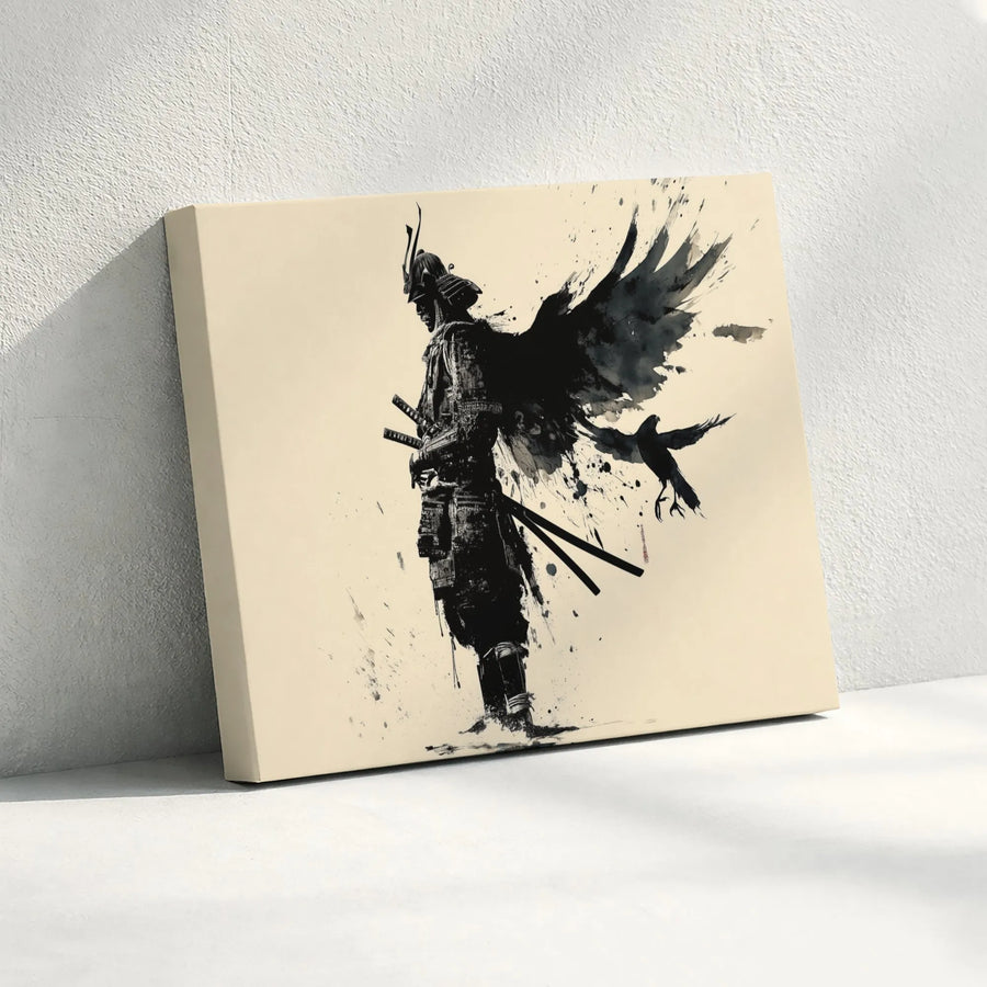 Winged Samurai Wall Art | Japanese Ink Wash Crow Design | Premium 1.25-Inch Gallery Canvas | Modern Decor Gift for Him