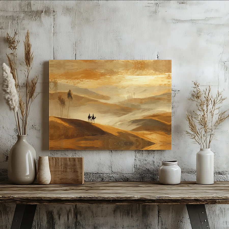 Desert Landscape Canvas Wall Art | Camel Caravan Sunset Painting | Premium Gallery Wrapped Canvas | Bohemian Home Decor Gift