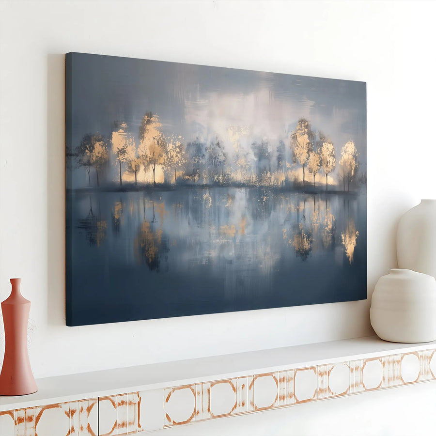 Abstract Blue and Gold Landscape Canvas Wall Art | Tree Reflection Print | 1.25-Inch Gallery Wrap | Modern Home Decor for Living Room