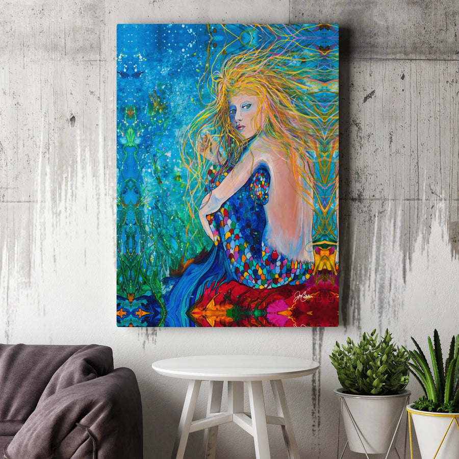 Mermaid Wall Art Canvas | Vibrant Psychedelic Underwater Painting | Premium Gallery Wrap Print | Magical Nautical Decor Gift
