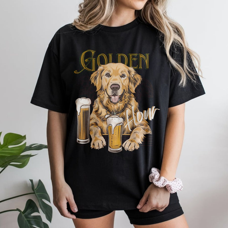 Golden Retriever Beer T-Shirt | Funny Golden Hour Graphic Print | Premium Soft Cotton Tee | Gift for Dog Dad and Beer Lovers