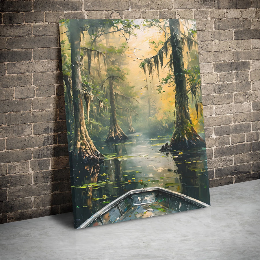 Misty Bayou Swamp Canvas Print | Atmospheric Cypress Trees and Boat Wall Art | Premium Gallery Wrap | Nature-Inspired Home Decor Gift