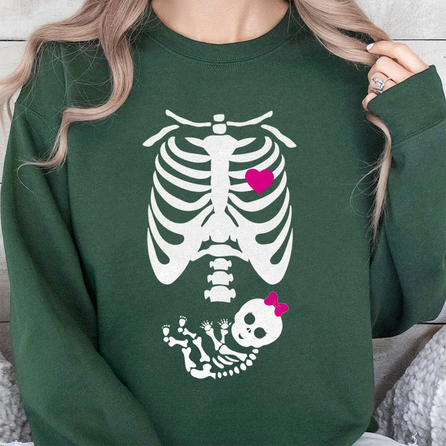 Pregnant Skeleton Sweatshirt | Baby Girl Skeleton Graphic | Premium Cotton Blend | Funny Halloween Maternity Shirt Gift for Expecting Mom