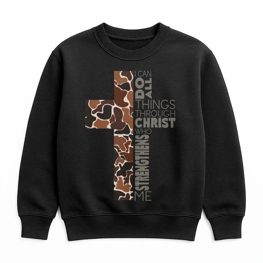 Camo Cross Christian Sweatshirt | Philippians 4:13 Scripture Print | Premium Unisex Cotton Blend | Faith-Based Gift for Believers