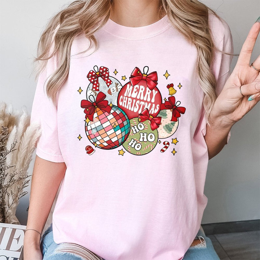Retro Christmas Ornaments T-Shirt | Coquette Bow Graphic Tee | 100% Cotton Premium Comfort | Trendy Holiday Gift For Women