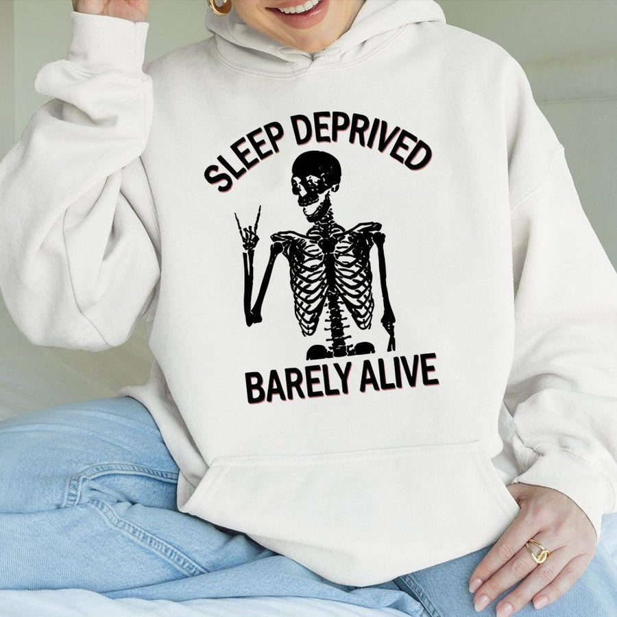 Sleep Deprived Barely Alive Hoodie | Skeleton Rock Hand Graphic | Soft Cotton-Polyester Blend | Funny Sarcastic Gift for Tired Students and Moms
