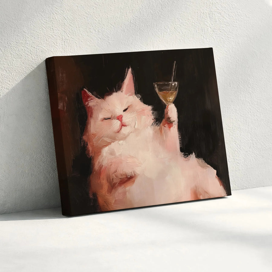 Funny Cat Drinking Martini Horizontal Canvas | Whimsical White Cat Oil Painting Style Art Print | Fade-Resistant Gallery Quality Canvas | Humorous Gift for Cat Lovers, Home Bar Decor