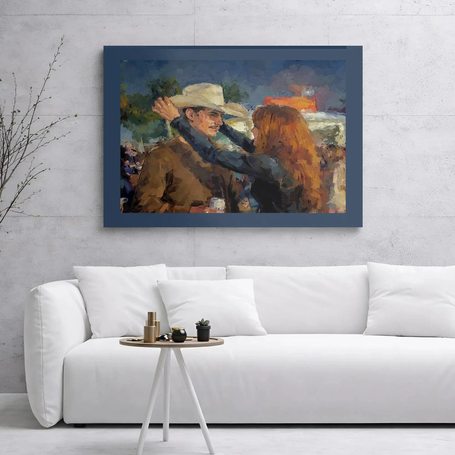 Cowboy And Woman Embracing Canvas Print | Romantic Western Oil Painting Art | Premium 1.25" Gallery Wrap | Gift For Couples And Country Home Decor