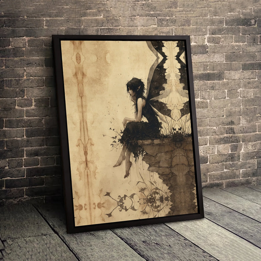 Gothic Fairy Wall Art | Dark Fantasy Winged Muse on Cliff | Vintage Aesthetic Gallery Canvas | Moody Home Decor Gift for Her