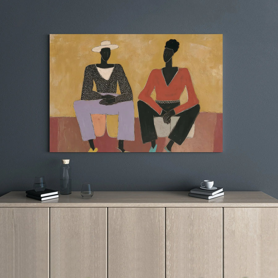 Modern Abstract Figurative Canvas Art | Two Seated Black Figures Illustration | Gallery Wrapped Premium Print | Contemporary Home & Office Decor Gift