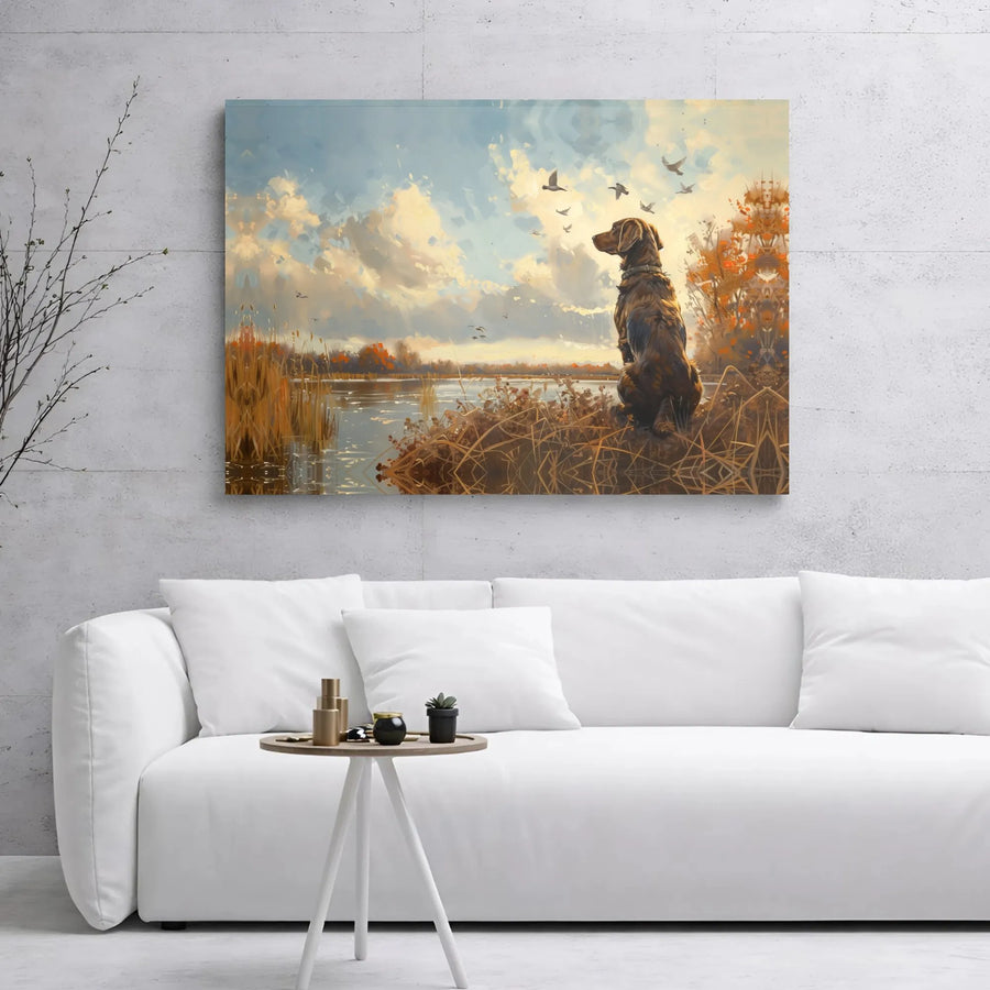 Hunting Dog Lake Canvas Print | Autumn Landscape Duck Hunting Art | 1.25 Inch Gallery Wrap Wall Decor | Premium Wildlife Gift for Outdoorsman