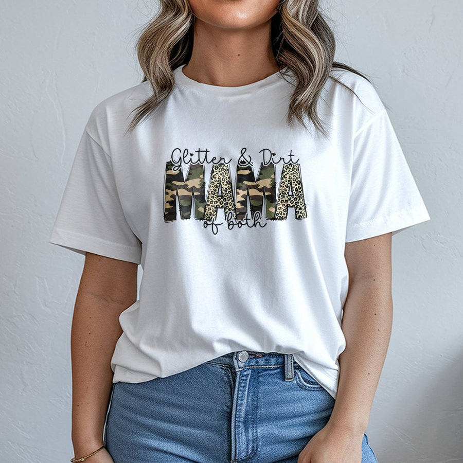 Glitter & Dirt Mama Of Both T-Shirt | Camo and Leopard Print Graphic Tee | Premium 100% Cotton | Gift for Mom and Bonus Mom