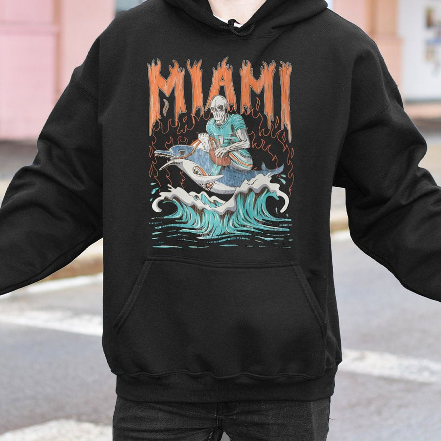 Miami Flaming Text Skeleton Football Player Riding A Dolphin Hoodie