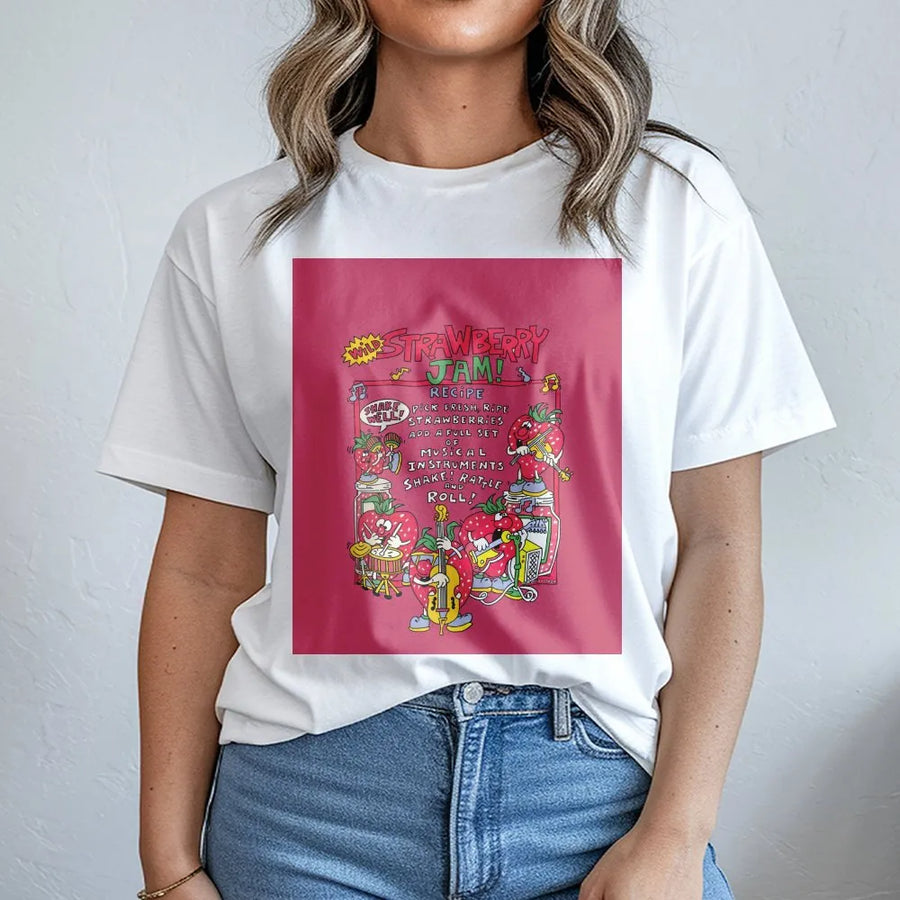 Strawberry Jam T-Shirt | Retro Kawaii Musical Strawberry Band Graphic | Premium Cotton Streetwear Tee | Cute Fruit Lover Gift For Women Teens