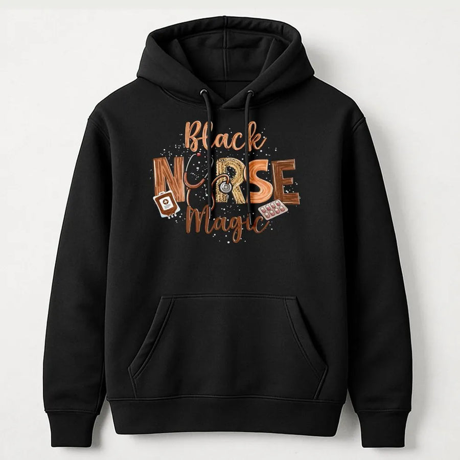 Black Nurse Magic Hoodie | Afrocentric Nursing Graphic Tee | Premium Cotton-Poly Blend | Empowering Graduation Gift for Nurses and Students