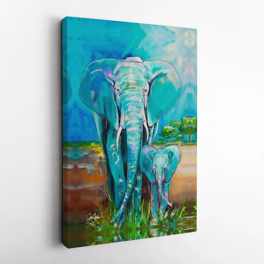 Mother and Baby Elephant Canvas Wall Art | Vibrant Watercolor Wildlife Print | Premium Gallery Wrap 1.25" Profile | Nursery Decor & Animal Lover Gift