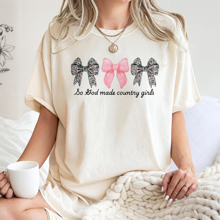 Country Girl T-Shirt | Pink Camo Bows Coquette Graphic | 100% Cotton Premium Apparel | Southern Style Gift for Women and Teens
