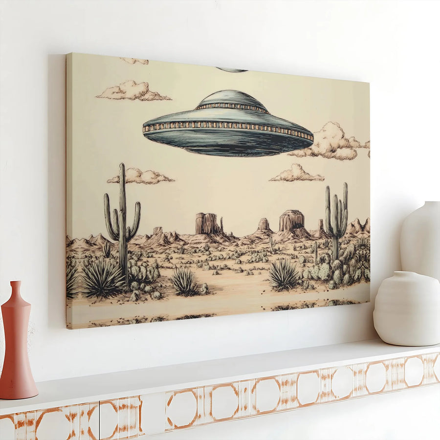 UFO Canvas Wall Art | Vintage Desert Landscape Sketch | 1.25 Inch Gallery Wrap | Sci-Fi Home Decor Gift for Space Enthusiasts